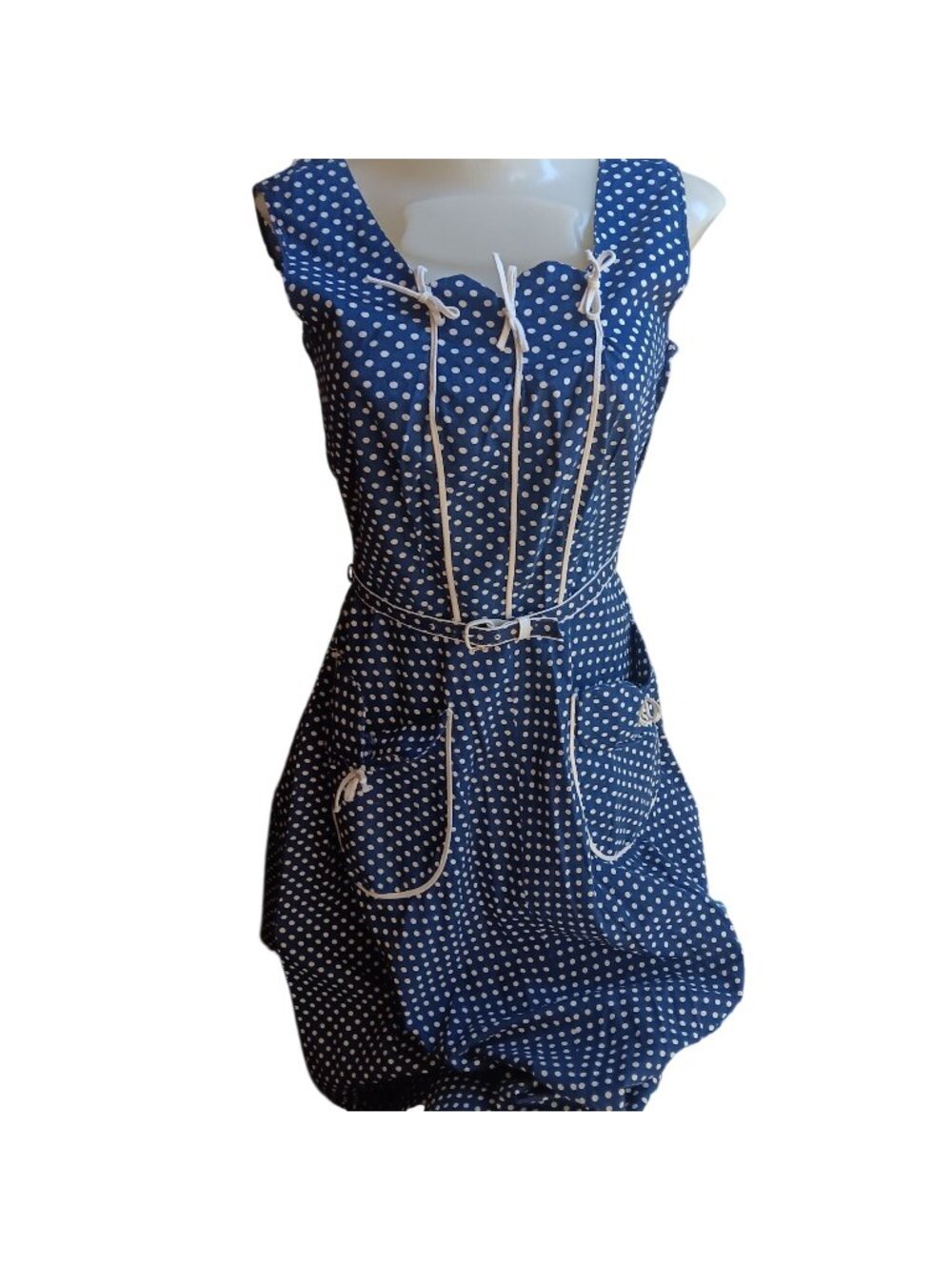 True Vintage 6 1950's Sleeveless Dress Polka Dot Belt Ties Side Zip Rockabilly
